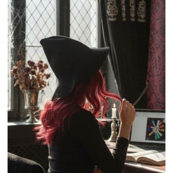 Black Knit Witch Hat - Soft Point Brim - New - Witchcore Cottagecore Pagan - Picture 1 of 9
